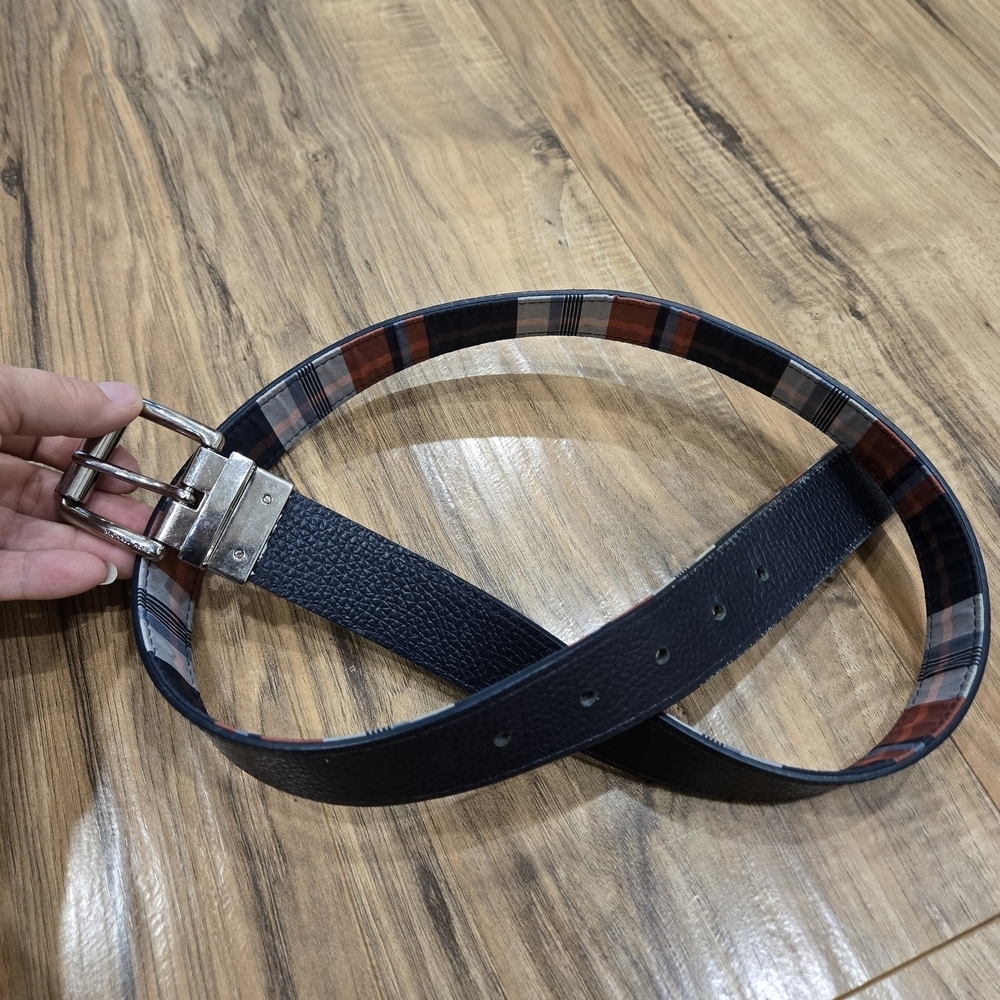 Michael Kors Reversible Navy Belt with Red and Gray Plaid Opposite Side